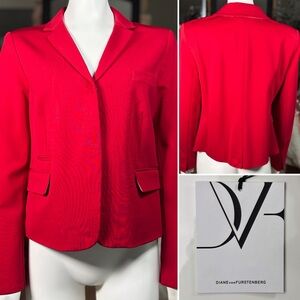 Diane Von Furstenberg Crimson Red “Karl” Stretch Viscose Blazer Jacket, Sz 12
